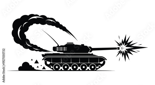 A dynamic black silhouette depicts a tank firing its cannon with smoke and sparks silhouette high quality professional