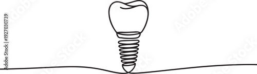 Dental implant with crown, hand-drawn in one continuous endless line on a white background, vector. The false tooth icon. one line Icon drawing