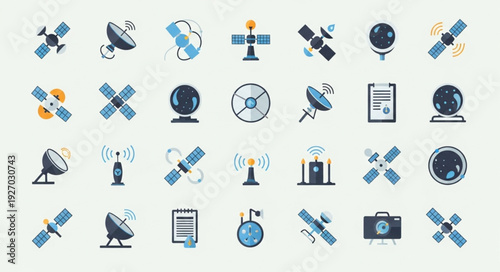 Collection of various satellite icons representing communication and technology concepts.