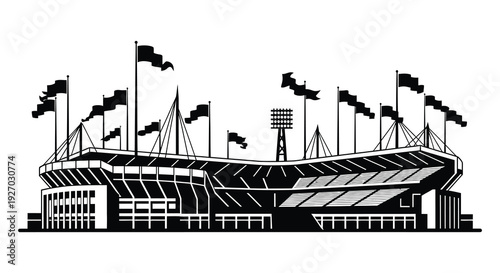 A striking black and white illustration depicts a stadium with waving flags presented as a silhouette high quality
