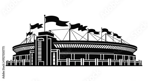 A striking black and white illustration of a stadium with waving flags presented as a silhouette high quality