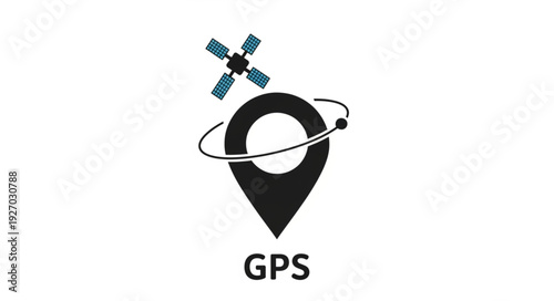 GPS location icon with satellite orbiting above, tracking and navigation concept.
