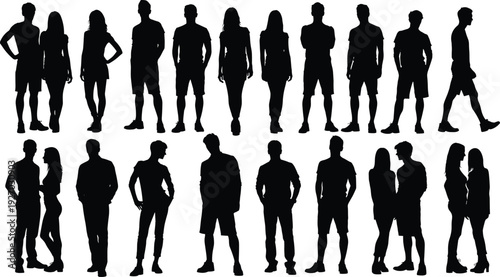 Young people silhouettes standing and walking, men and women casual poses, urban lifestyle, social interaction, modern human figures illustration set
