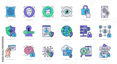 Digital security icons representing protection and data privacy concepts.