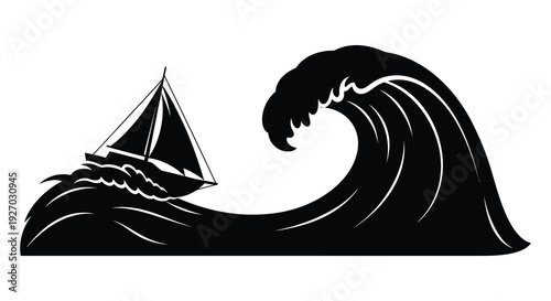 A dramatic black silhouette depicts a small sailboat navigating a large curling ocean wave silhouette high quality professional