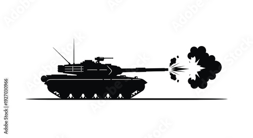 A stark black silhouette depicts a tank firing its cannon showcasing military power and conflict silhouette high quality