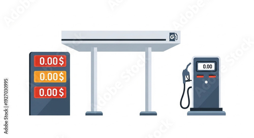 Gas station illustration showing fuel prices and a modern pump for vehicles and cars.