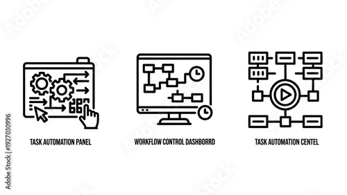 Icons for task automation panel, workflow control dashboard, and task automation center. Visualizing automated processes and workflow management. Modern vector graphics for business efficiency and pro