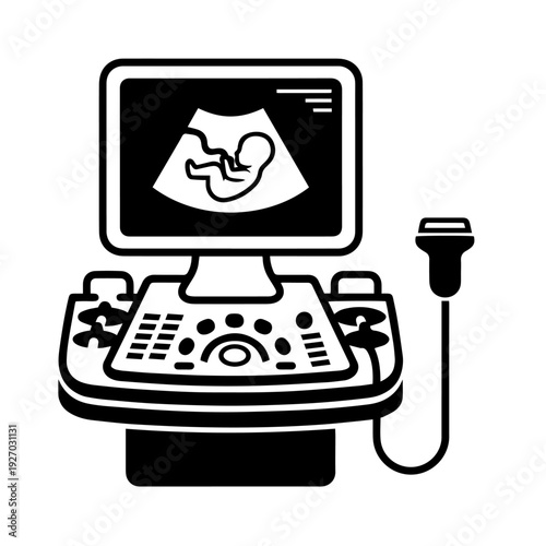 Ultrasonograph Icon Vector – Black and White Ultrasound Machine Illustration, Medical Imaging Equipment Symbol, Diagnostic Sonography Device Outline Icon for Healthcare UI, App, Web, and Print Design