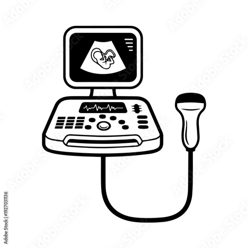 Ultrasonograph Icon Vector – Black and White Ultrasound Scanner Illustration, Sonography Medical Equipment Symbol, Diagnostic Imaging Device Outline Icon for Healthcare UI, App, Web and Print Use