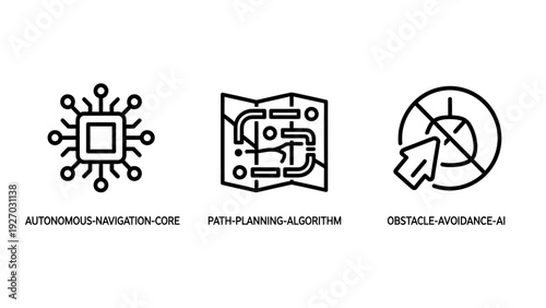 Icons for AI and robotics: autonomous navigation core, path planning algorithm, and obstacle avoidance system.