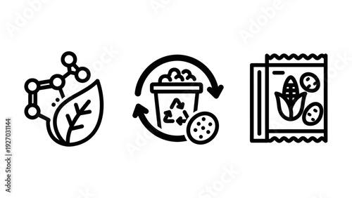Icons representing biomolecular structure, leaf, waste recycling, and packaged food products for science and industry.