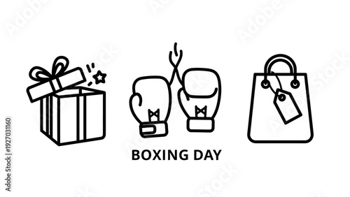 Stylized line art icons for Boxing Day: a gift box, boxing gloves, and a shopping bag, ideal for e-commerce and holiday promotions.