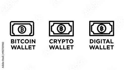 Clean line art icons representing Bitcoin wallet, crypto wallet, and digital wallet, perfect for finance and technology themes.