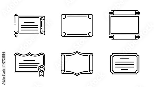 Elegant line art icons and borders for certificates, diplomas, and awards, featuring scrolls and ornate frames, perfect for recognition and achievement.