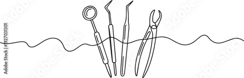 one line art Dental Tools vector illustration. line art, one continuous line, simple, hand drawn and sketch style. for icons, symbols. one line Icon drawing