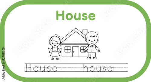House coloring page for kids with family illustration