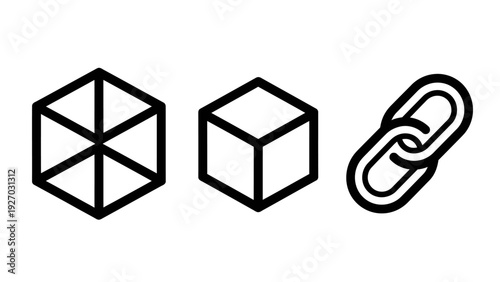 Abstract Geometric Icons: Wireframe Cube, Solid Cube, and Linked Chain Symbols Representing Structure, Data, and Connection