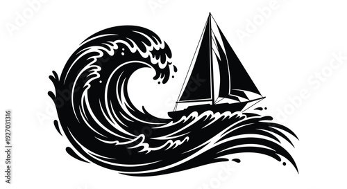 A dramatic black silhouette of a sailboat navigating a large curling ocean wave silhouette high quality professional detailed