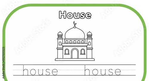 House tracing worksheet for kids, handwriting practice