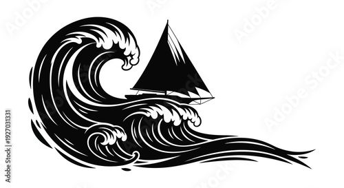 A striking black and white illustration depicts a sailing boat navigating a large wave silhouette high quality professional