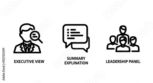 Business Icons: Executive View, Summary Explanation, and Leadership Panel symbolizing corporate strategy, communication, and teamwork.