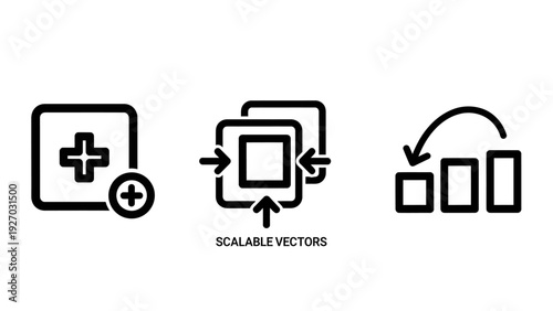 Icons showing add button with plus sign, scalable square resizing, and progress bars indicating growth, symbolizing addition, expansion, and development in design or business.