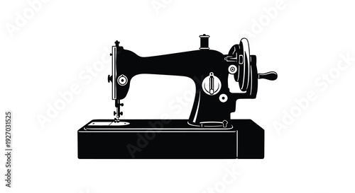 A stark black silhouette of a vintage sewing machine against a clean white background silhouette high quality professional