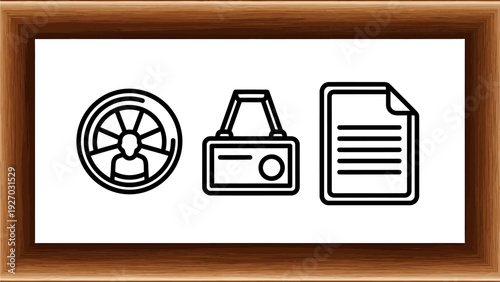Framed icons: profile diagram, ID card, and document sheet, representing personal data, identification, and information management in business or digital contexts.