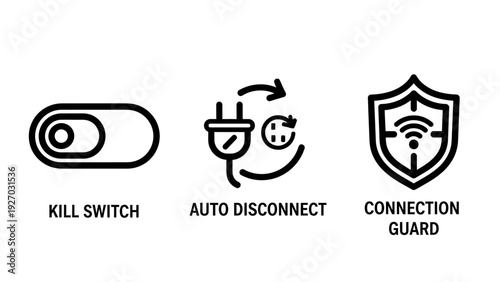 Security icons: toggle switch for kill switch, circular arrows for auto disconnect, and shield with Wi-Fi for connection guard, representing digital security and privacy features.