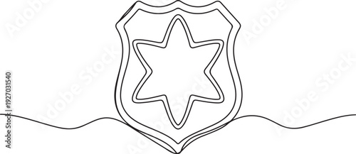 Continuous line drawing of a police badge. Single line illustration depicting a law enforcement emblem, symbolizing authority, security. one line Icon drawing