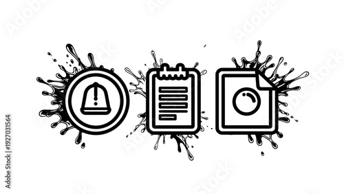 Graphic icons representing safety, notes, and documents with a splatter ink effect, perfect for conceptual designs.