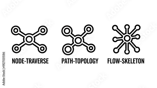 Abstract icons representing network traversal, path topology, and flow skeletons, ideal for data science and network architecture concepts.