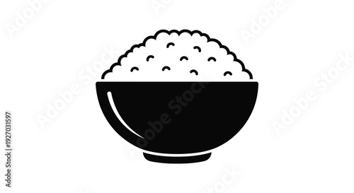 A simple black and white illustration depicting a bowl filled with rice a common staple food silhouette