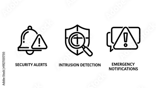 Alert and notification icons: bell with warning triangle, shield with magnifying glass, and alert message bubble.