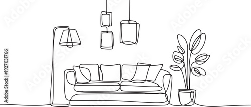 Continuous line interior with sofa, plant, lamp and frames for photo. One line drawing of Living room with modern furniture editable stroke. one line Icon drawing