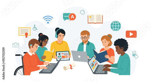 Inclusive E-Learning Group Study: Diverse Students Collaborating with Digital Technology and Books for Online Education, Accessibility, and Skill Development.