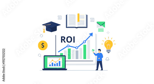Return on Investment (ROI) Analysis Flat Vector. Business Growth Strategy, Financial Success, Education Value, and Marketing Effectiveness Conceptual Illustration.