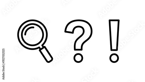 Simple icons of a magnifying glass, question mark, and exclamation mark, representing search, query, and important information or discovery.