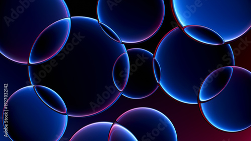Fotografía Futuristic glowing neon glass spheres composition in dark space
