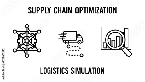 Icons illustrating supply chain optimization and logistics simulation, featuring network, truck, and analysis visuals for business strategy.