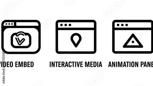 Icons for video embed, interactive media, and animation panel, suitable for web design, digital content, and user interface elements.