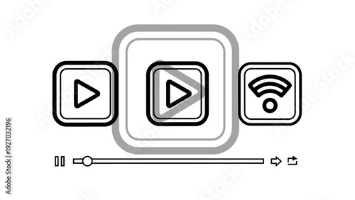 Video player interface icons, including play, pause, progress bar, WiFi, and replay, for multimedia and streaming content.