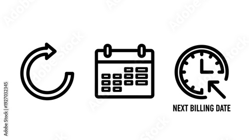 Icons representing recurrence, calendar scheduling, and next billing date, indicating financial or planning cycles.
