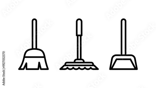 Simple outline icons of cleaning tools: a broom, a mop, and a dustpan, representing household chores and sanitation.