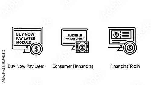 Icons illustrating buy now pay later, consumer financing, and flexible payment options on computer screens.