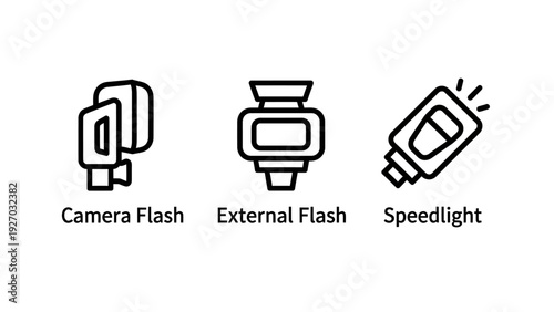 Line icons for camera flash, external flash, and speedlight, representing photographic lighting equipment.