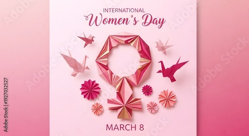 Pink Gender Symbol with Origami Birds and Flowers Artistic Poster Design