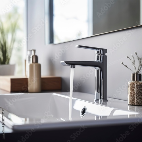 Modern chrome faucet with running water in a white sink, surrounded by a soap dispenser and decorative plant on a wooden countertop in a bright bathroom setting