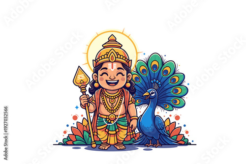 Cute Bala Murugan with Tripundra and Peacock – Colorful 2D Flat Vector Illustration